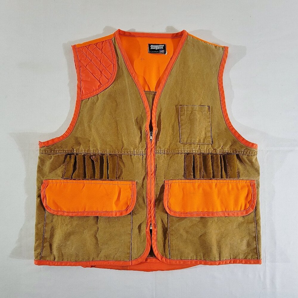 Vintage SAFTBAK Hunting Vest Orange & Brown 50" Chest with Detachable Game Pouch
